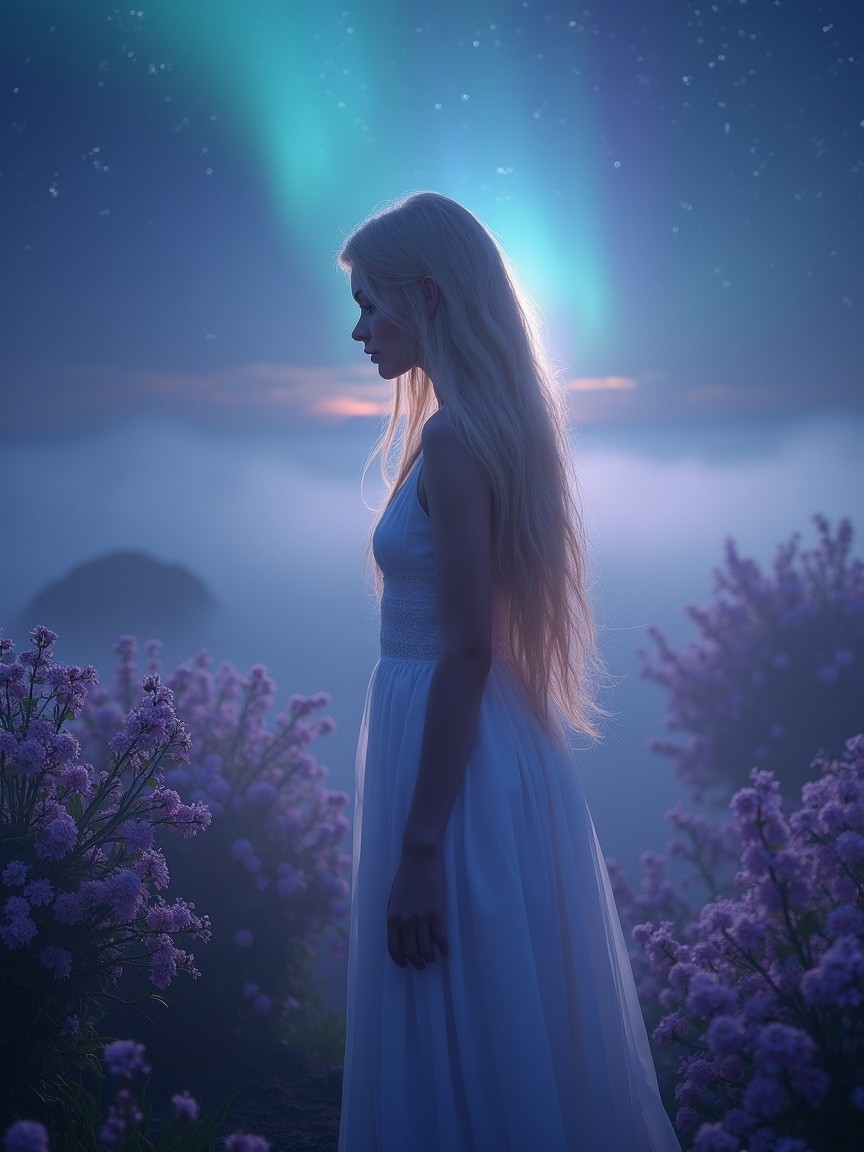 Young Woman in Pink Flowers Under Northern Lights