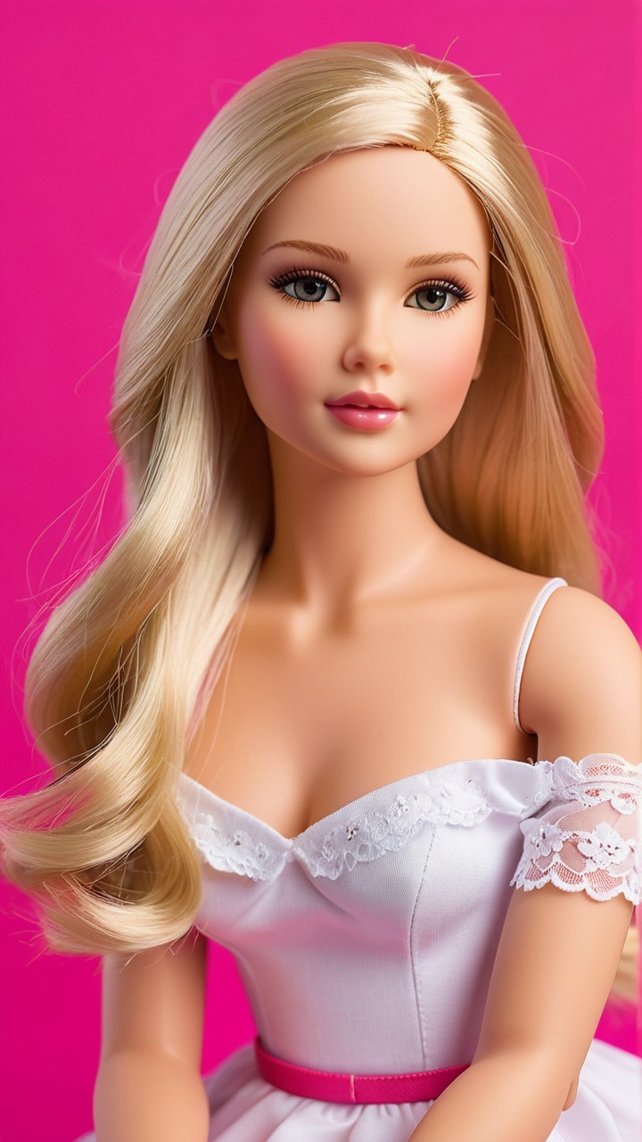 Stylish Doll in White Dress with Pink Background