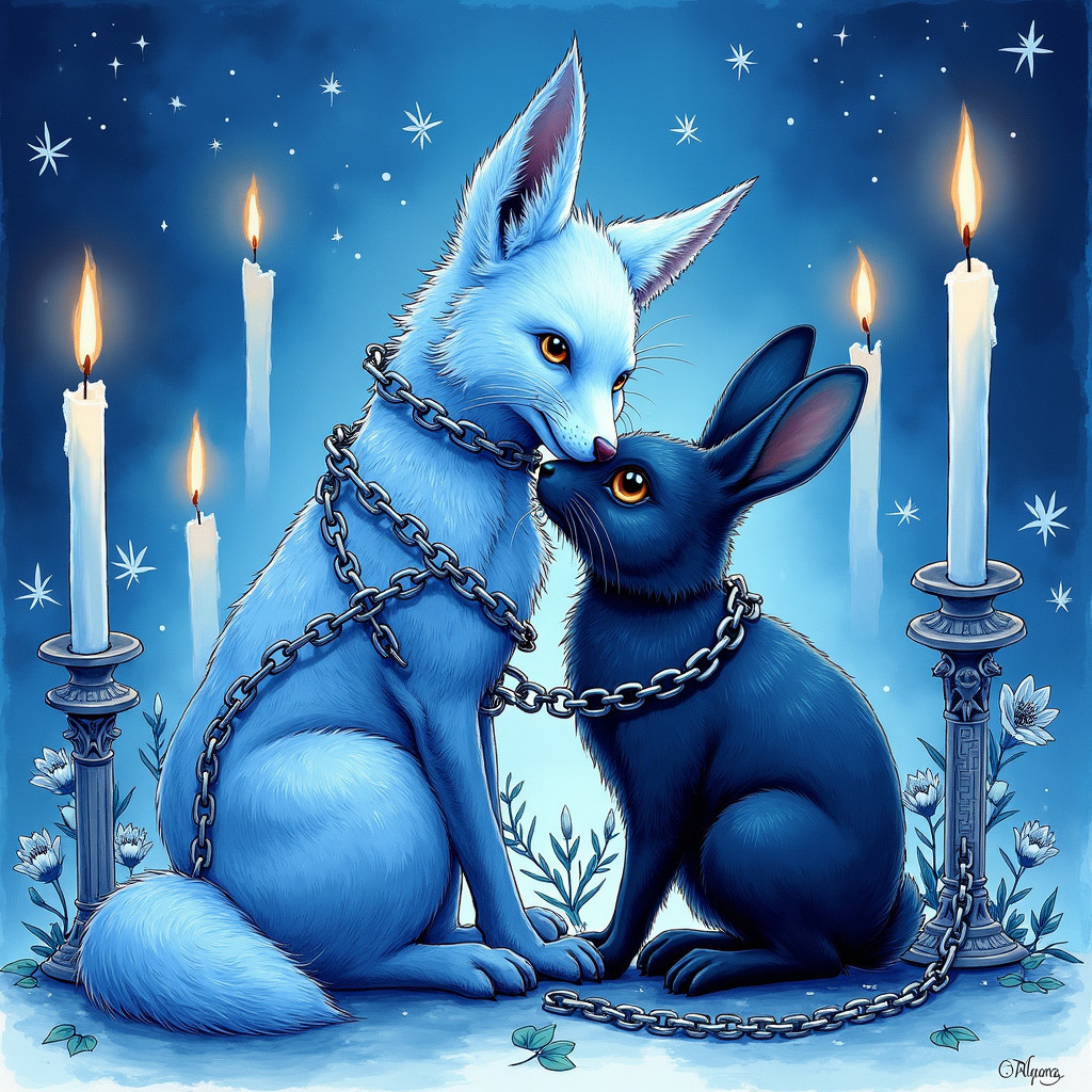 White Fox and Black Bunny in Moonlit Serenity