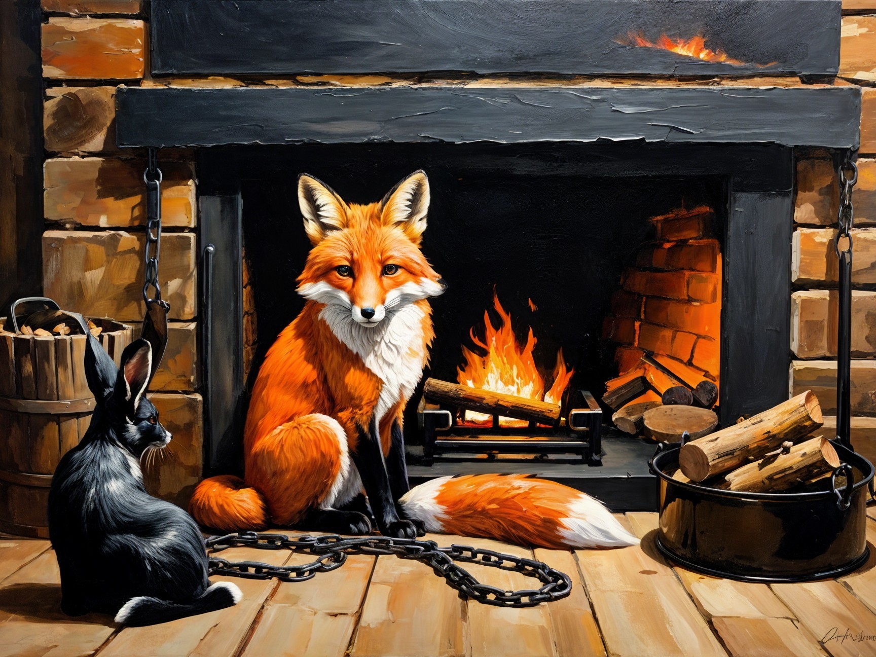 Cozy Scene of Fox and Rabbit by a Fireplace