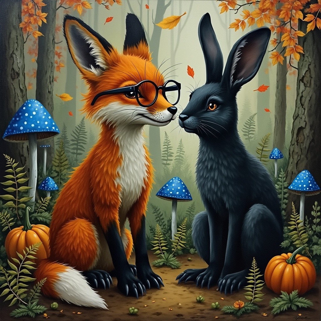 Whimsical Forest Scene with Fox and Rabbit Interaction