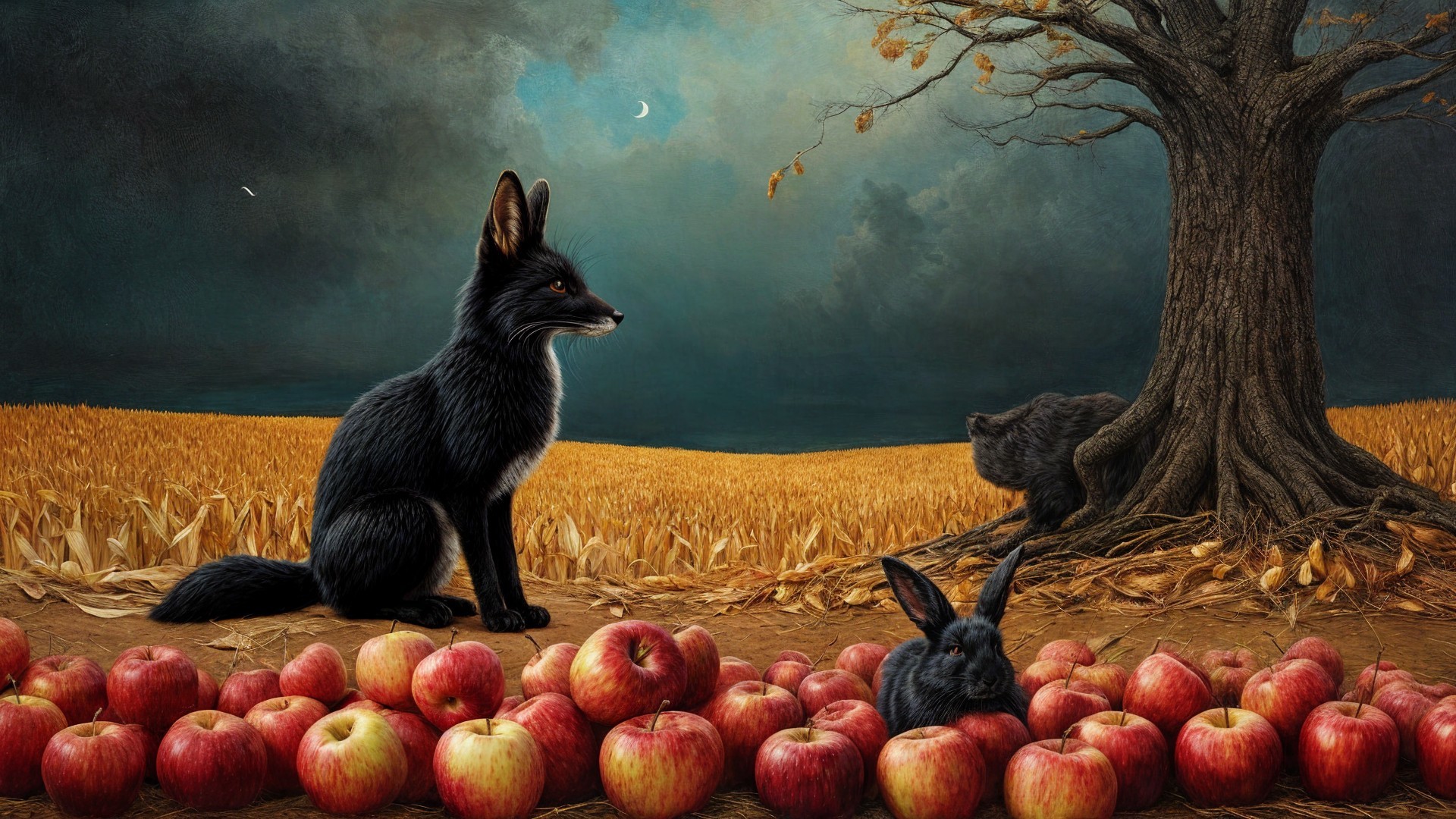Surreal Wildlife Scene with Fox, Rabbit, and Apples