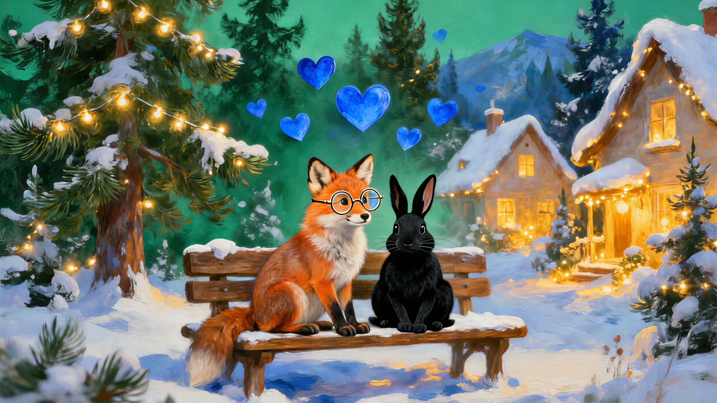 Whimsical Winter Scene with Fox and Rabbit in Snow