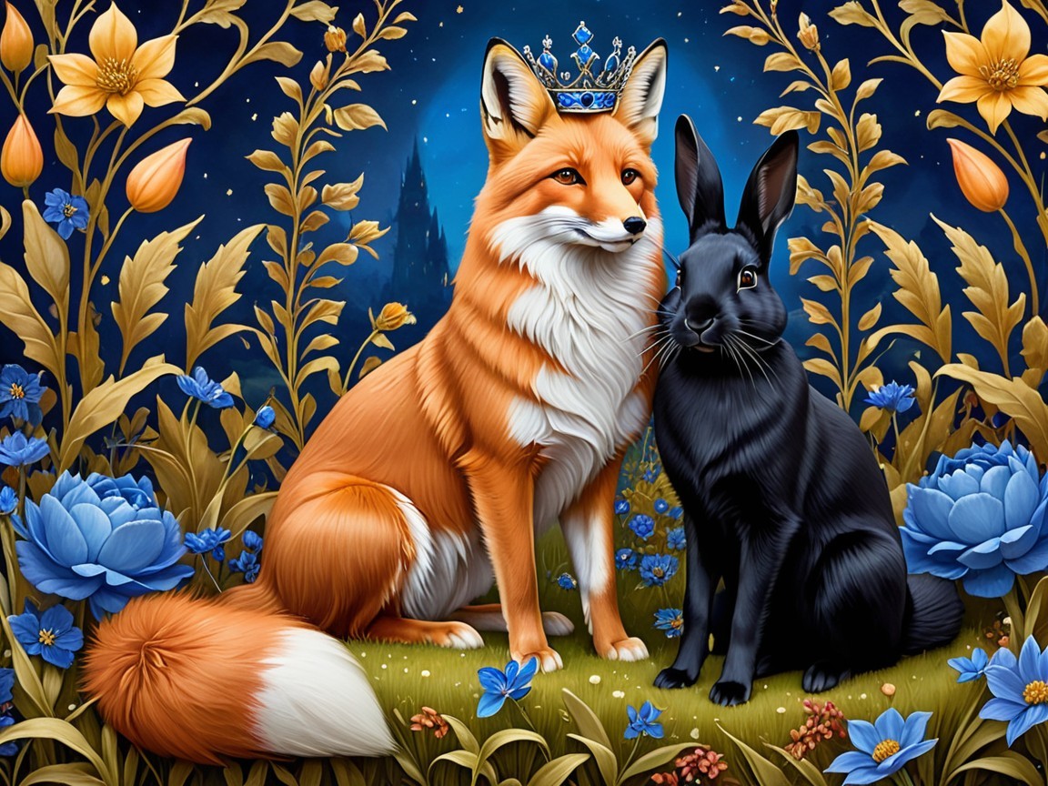 Regal Fox and Black Rabbit Amidst Vibrant Flowers