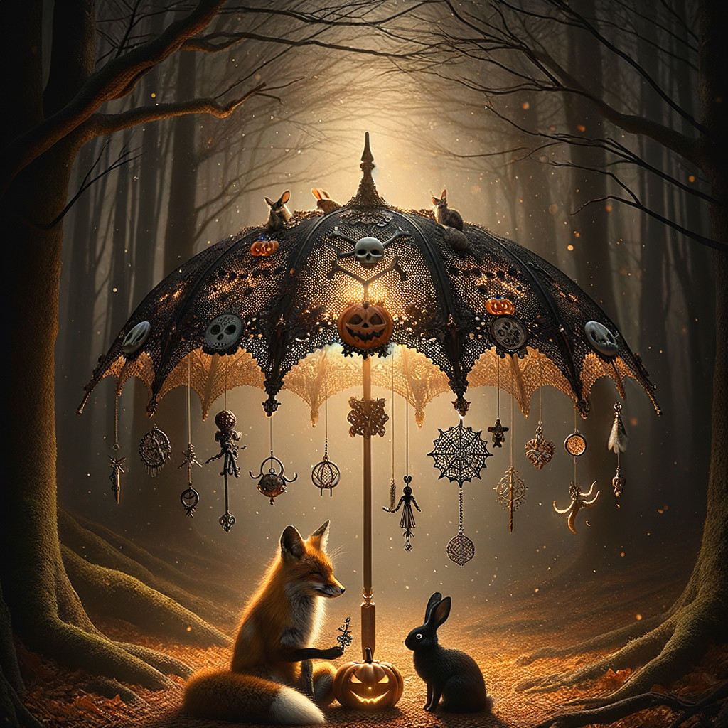 Whimsical Halloween Scene with Fox, Rabbit, and Umbrella