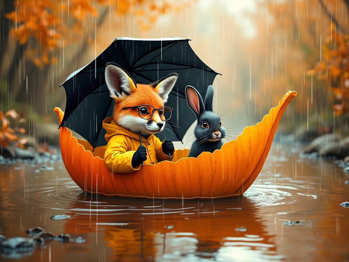 Whimsical Autumn Scene with Fox and Rabbit in Boat