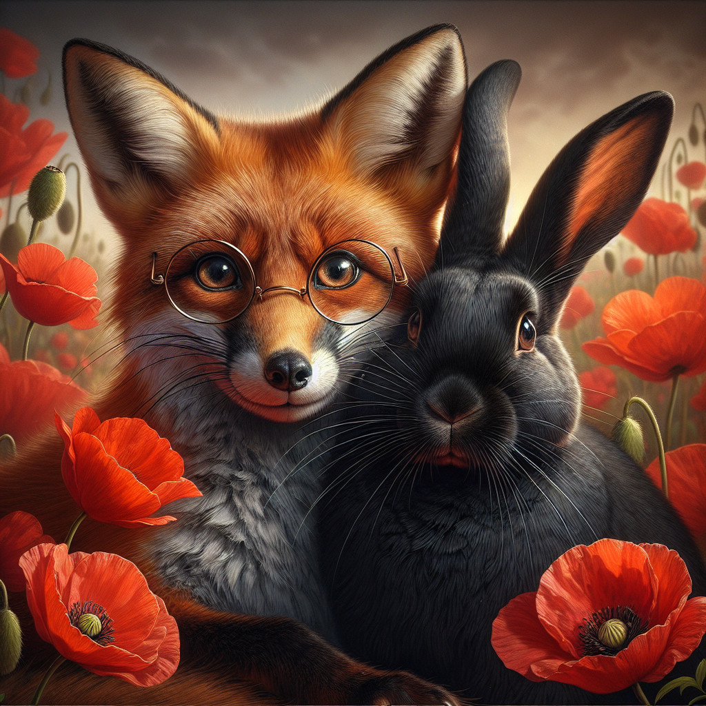 Fox and Rabbit in a Poppy Field Setting