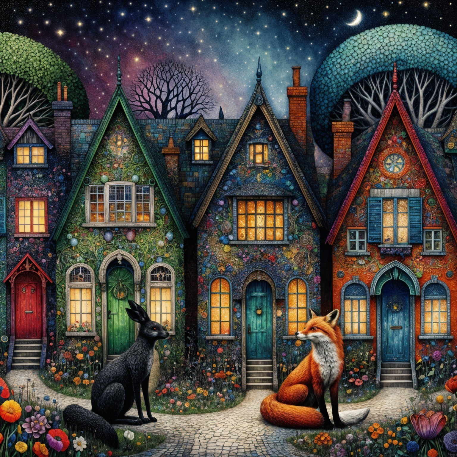 Charming Street with Colorful Houses and Night Sky
