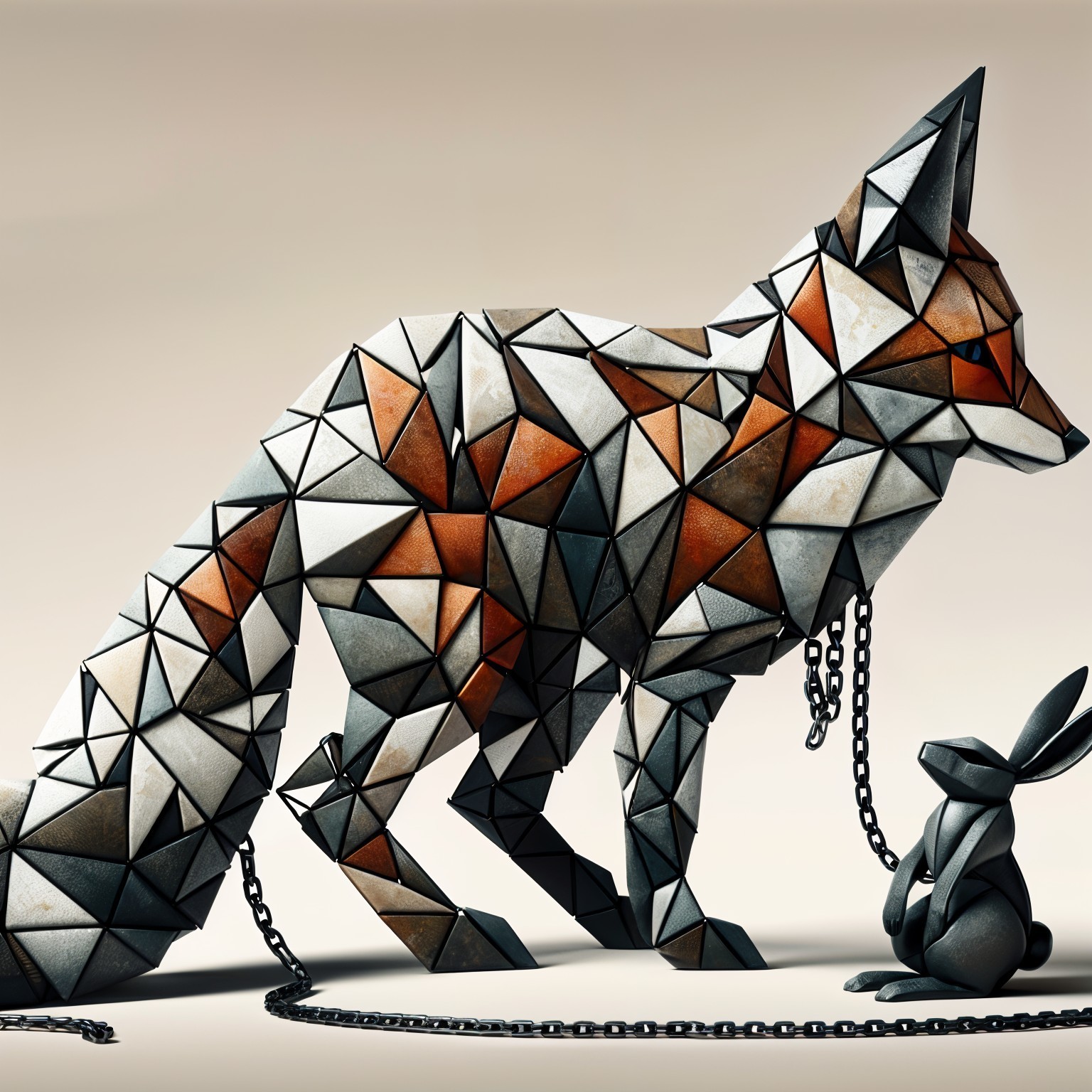 Geometric Sculpture of a Fox and Rabbit in Earthy Tones
