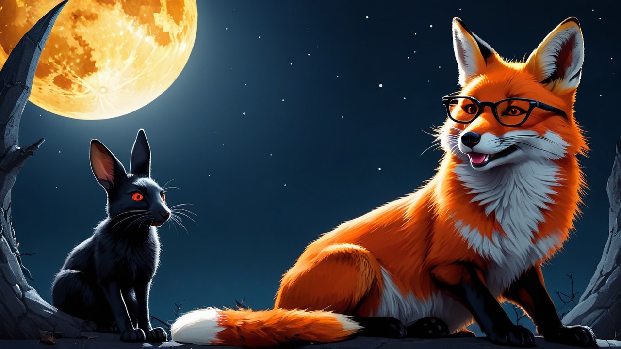 Whimsical Night Scene with Fox and Rabbit Under Moon