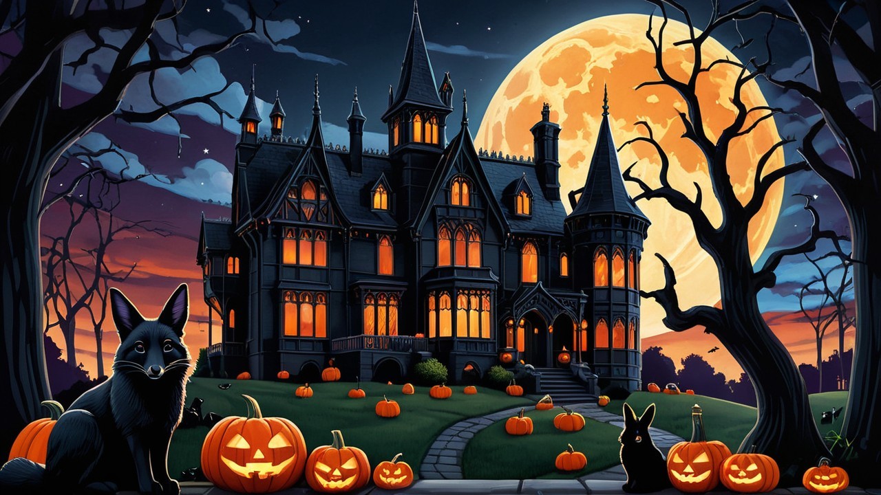 Grand Dark Mansion with Glowing Windows on Halloween