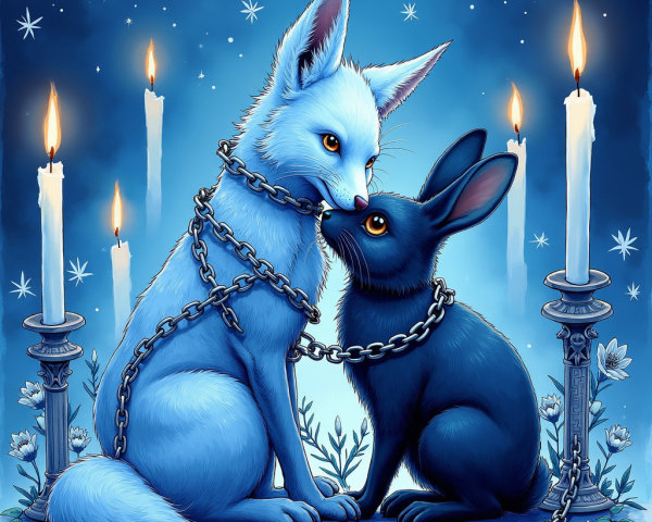 White Fox and Black Bunny in Moonlit Serenity
