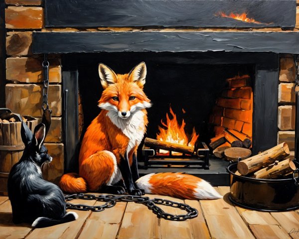 Cozy Scene of Fox and Rabbit by a Fireplace