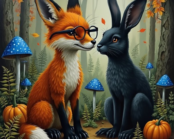 Whimsical Forest Scene with Fox and Rabbit Interaction