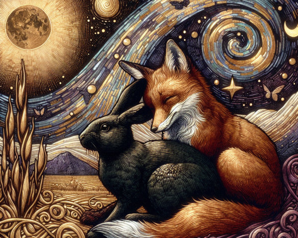 Fox and Rabbit Against a Cosmic Backdrop