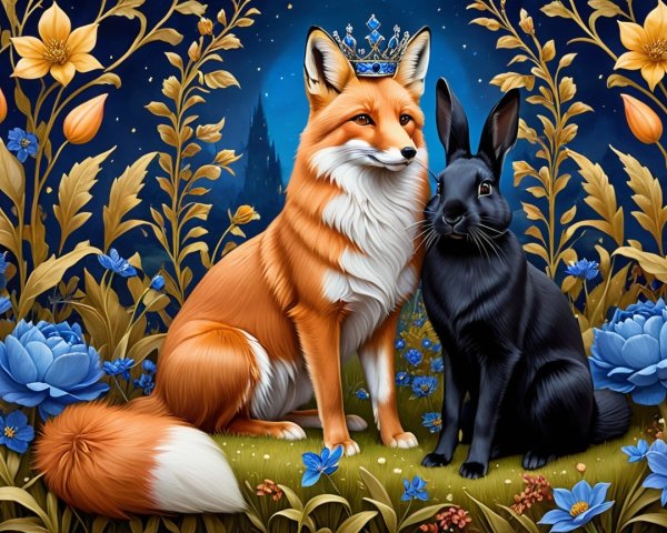 Regal Fox and Black Rabbit Amidst Vibrant Flowers