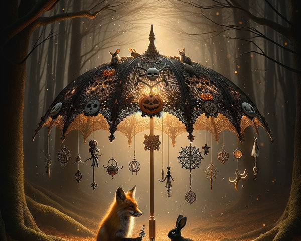 Whimsical Halloween Scene with Fox, Rabbit, and Umbrella