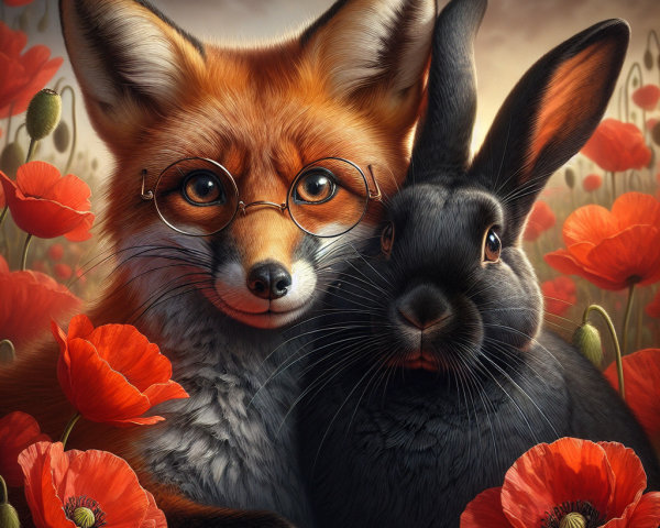 Fox and Rabbit in a Poppy Field Setting
