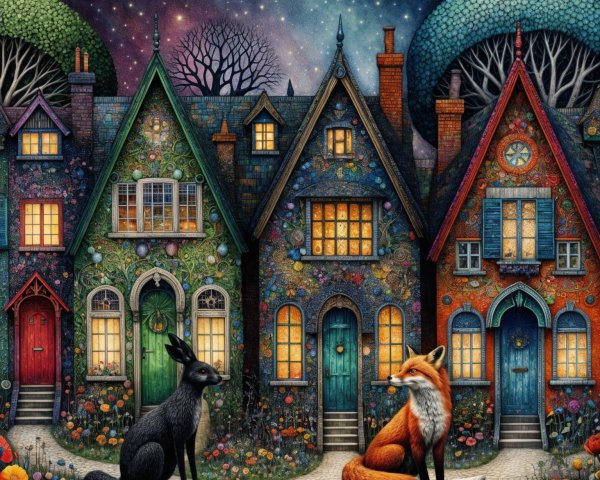 Charming Street with Colorful Houses and Night Sky