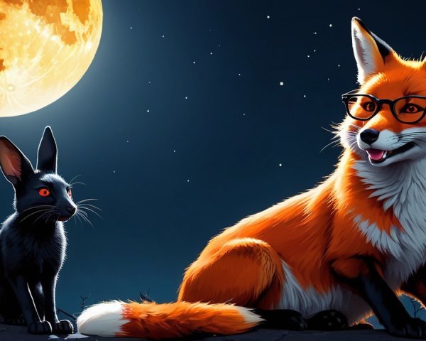 Whimsical Night Scene with Fox and Rabbit Under Moon