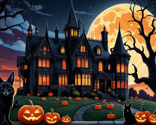 Grand Dark Mansion with Glowing Windows on Halloween