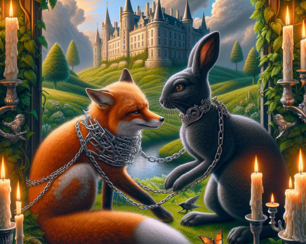 Orange Fox and Black Rabbit in Whimsical Landscape
