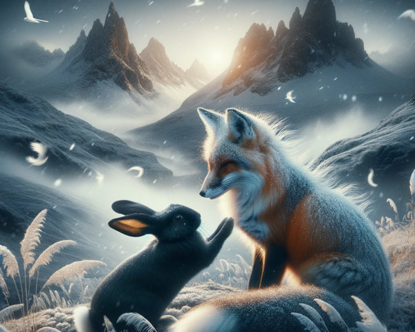 Winter Landscape with Fox and Rabbit in Snowfall
