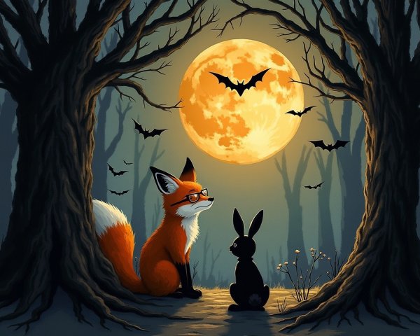 Whimsical Forest Scene with Fox and Bunny Under Moon