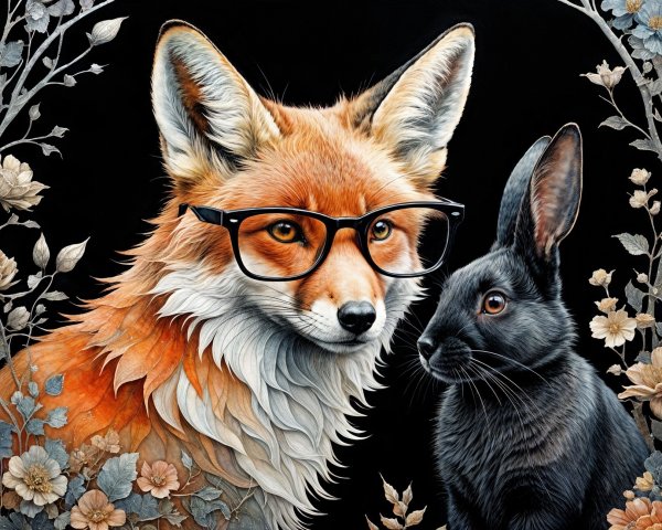 Whimsical Fox and Rabbit Illustration with Floral Design