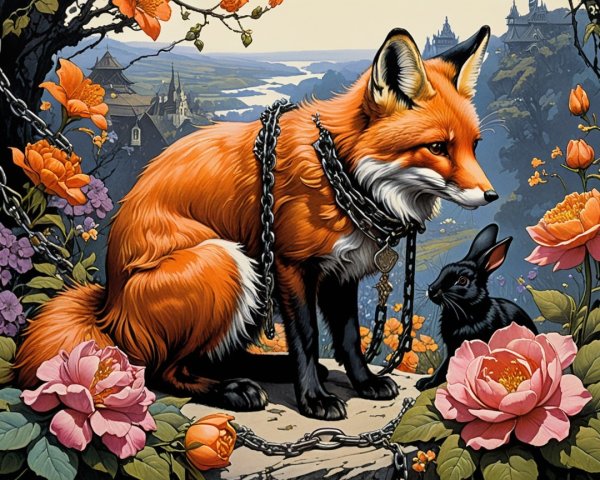 Majestic orange fox and curious black rabbit scene