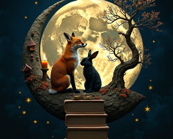 Fox and Rabbit on Crescent Moon Rock at Night
