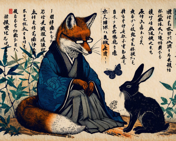 Whimsical Fox and Rabbit Scene in Japanese Art Style