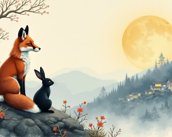 Fox and Rabbit Under a Full Moon in Tranquil Landscape