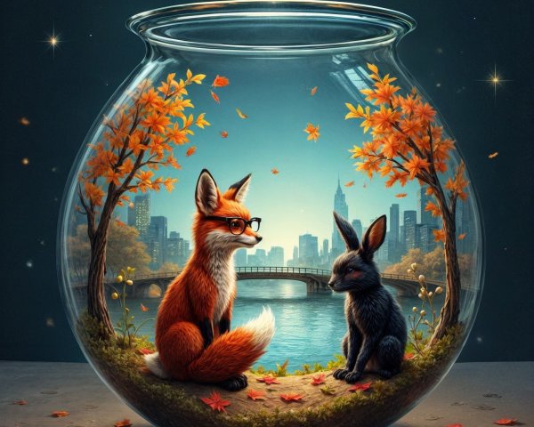 Fox and Rabbit in a Glass Fishbowl Scene