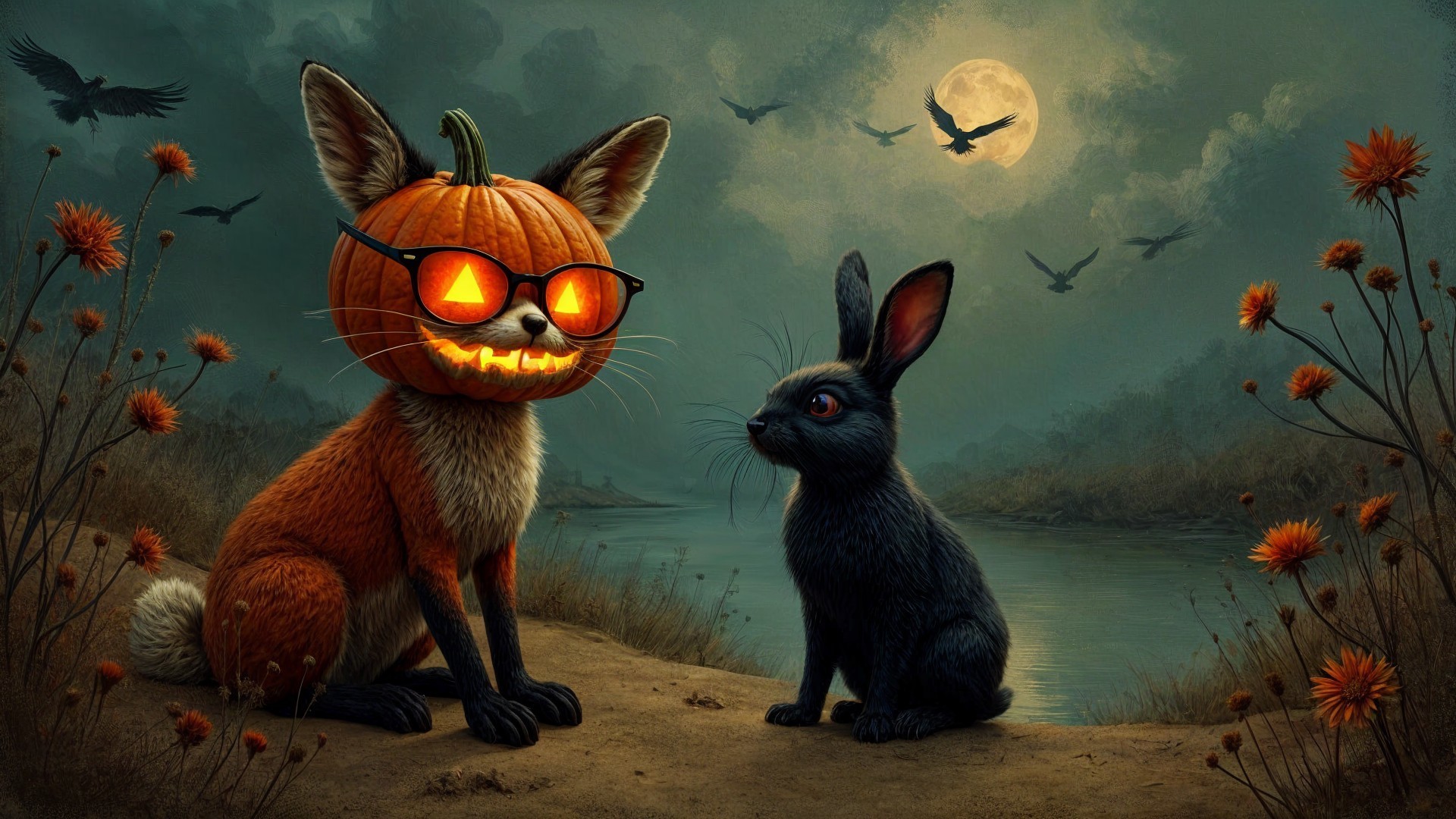 Fox with Pumpkin Head and Rabbit in Halloween Scene
