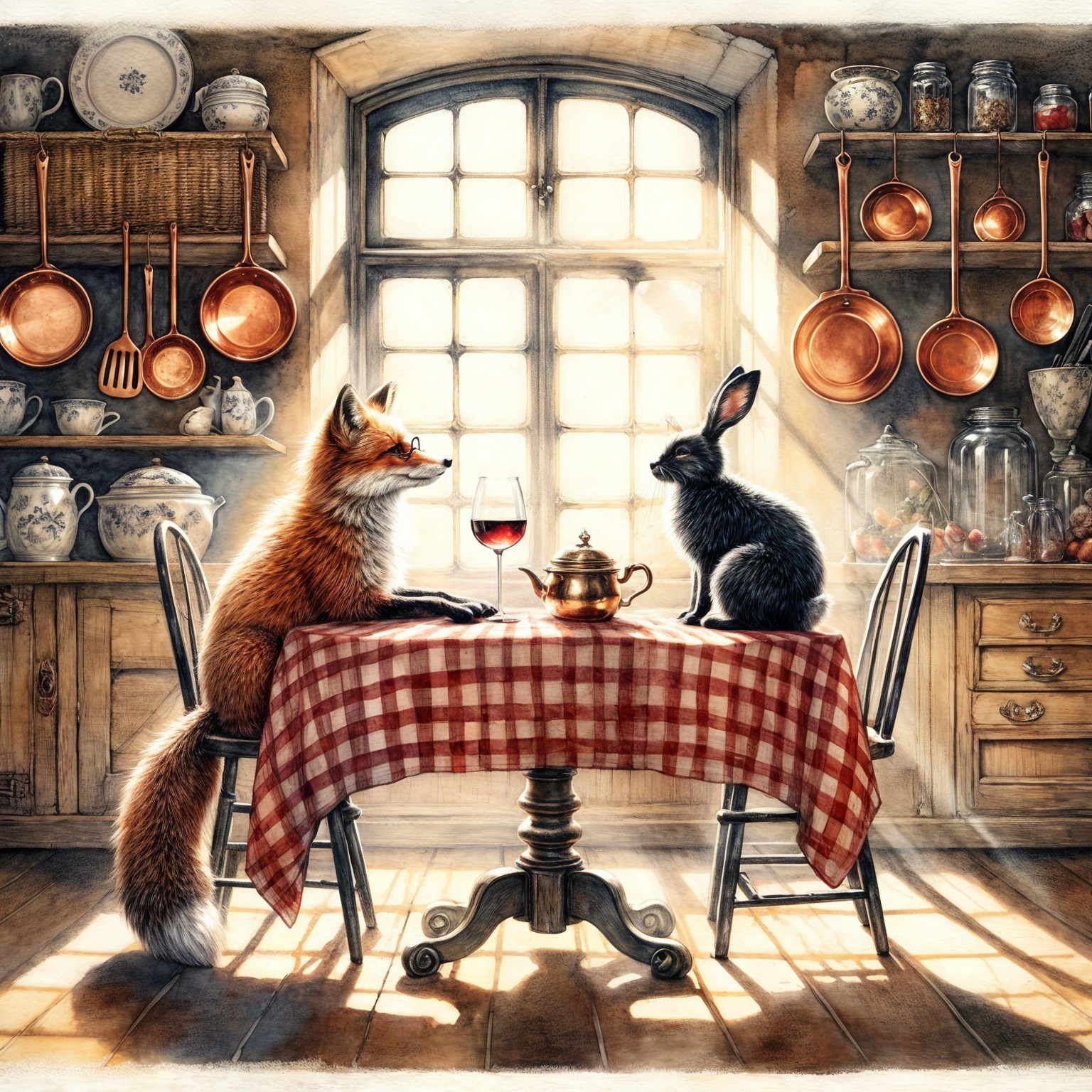 Fox and Rabbit in Cozy Kitchen Setting with Teapot