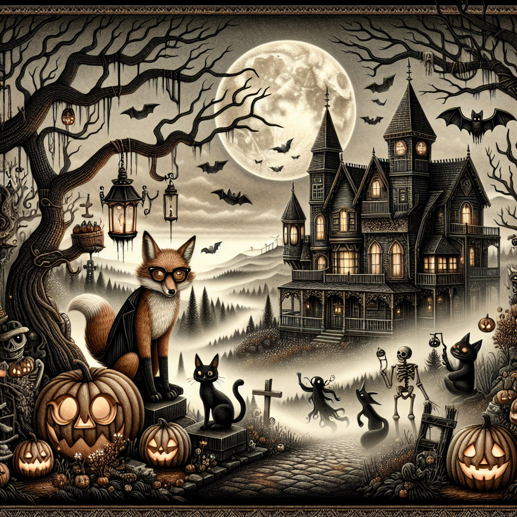 Whimsical Halloween Scene with Mansion and Creatures