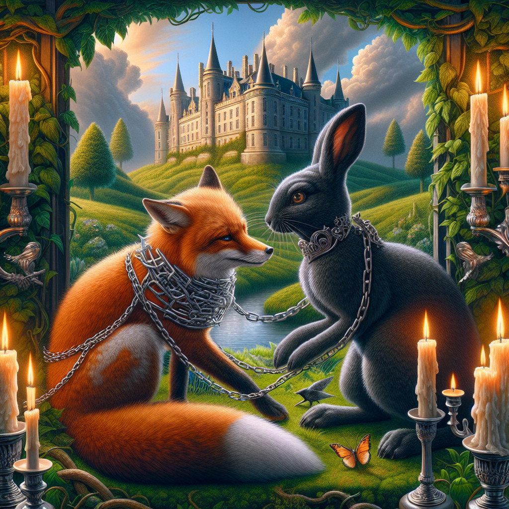 Orange Fox and Black Rabbit in Whimsical Landscape