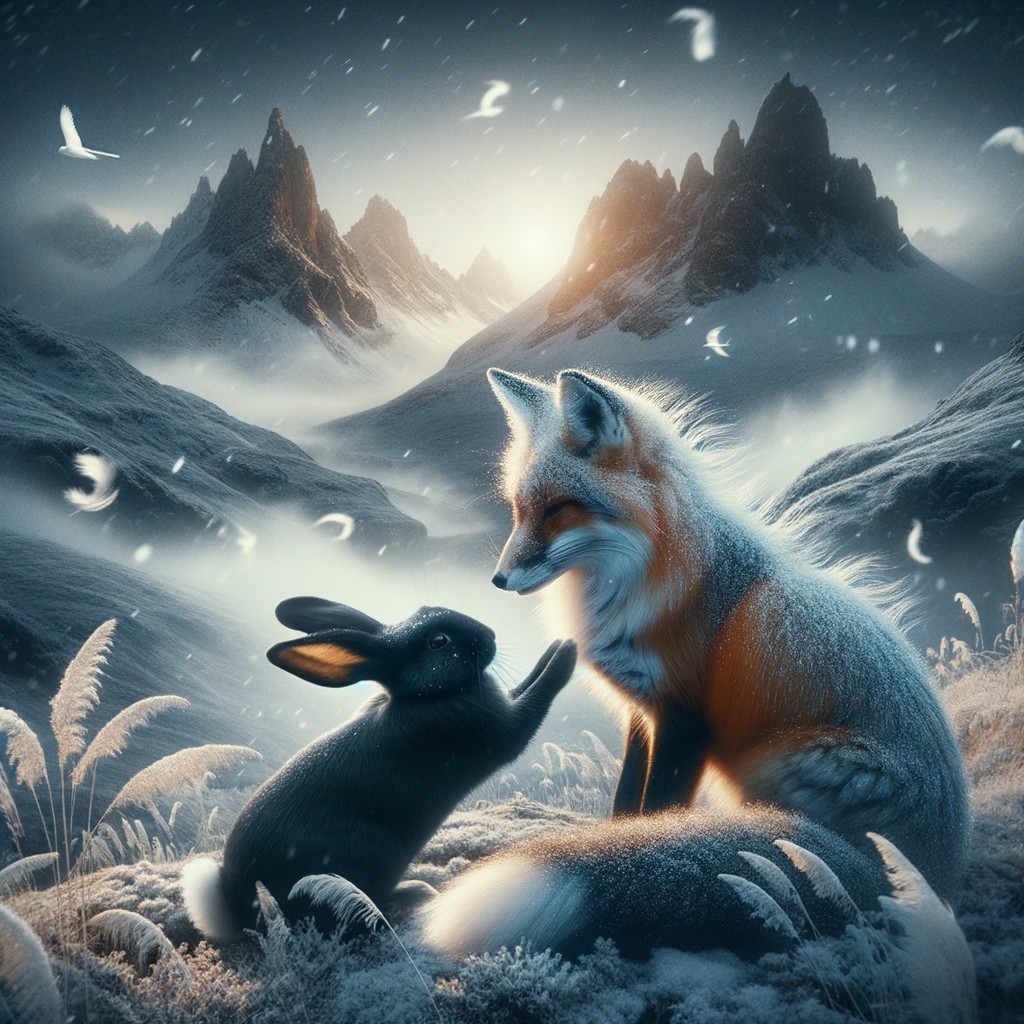 Winter Landscape with Fox and Rabbit in Snowfall