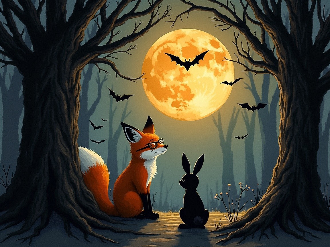 Whimsical Forest Scene with Fox and Bunny Under Moon