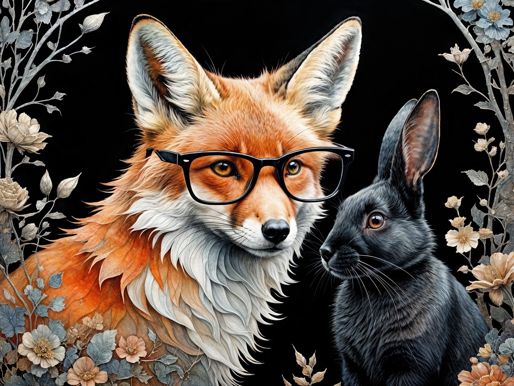 Whimsical Fox and Rabbit Illustration with Floral Design