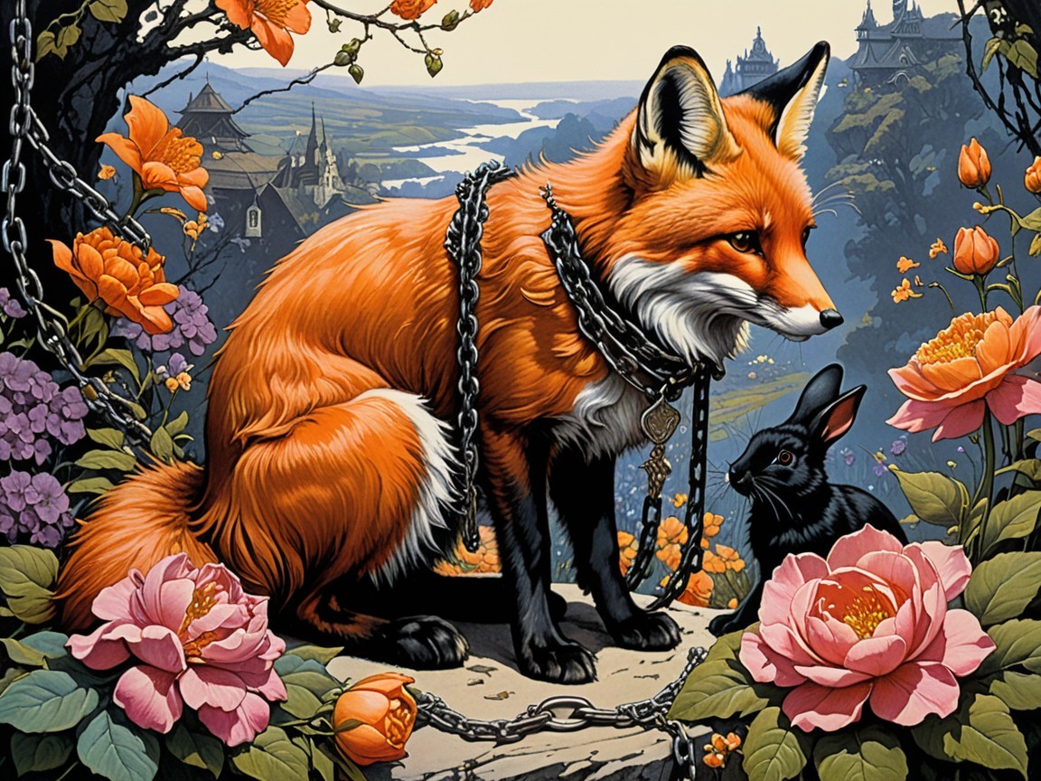 Majestic orange fox and curious black rabbit scene