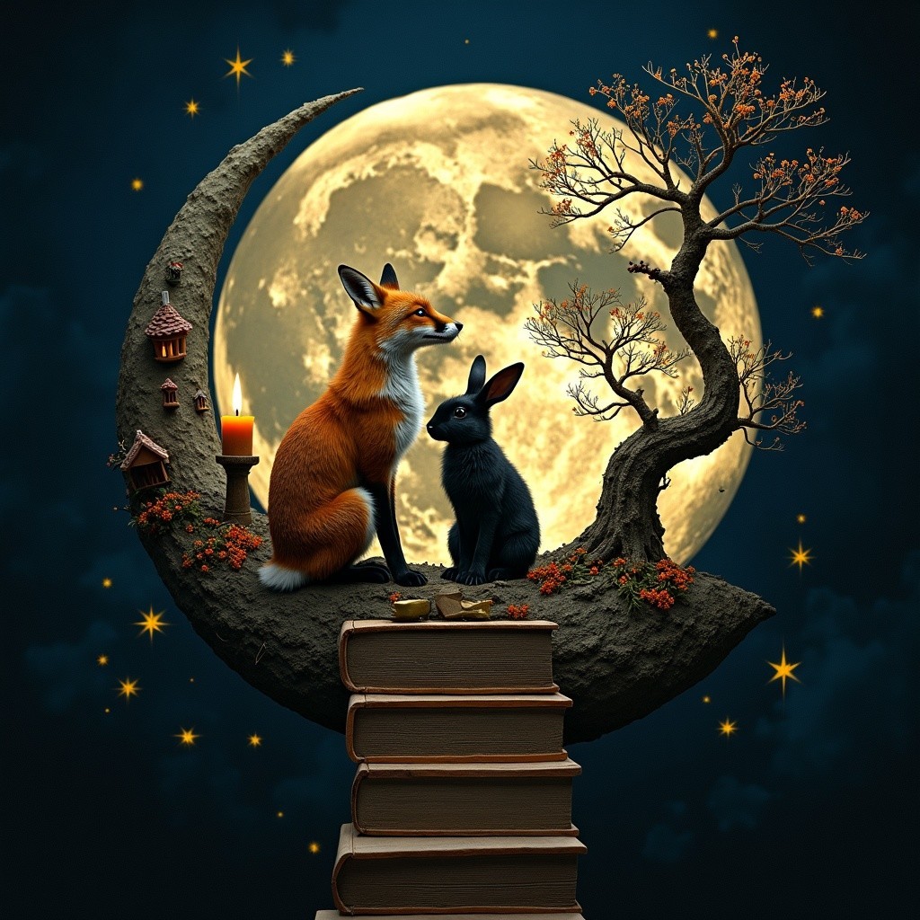 Fox and Rabbit on Crescent Moon Rock at Night