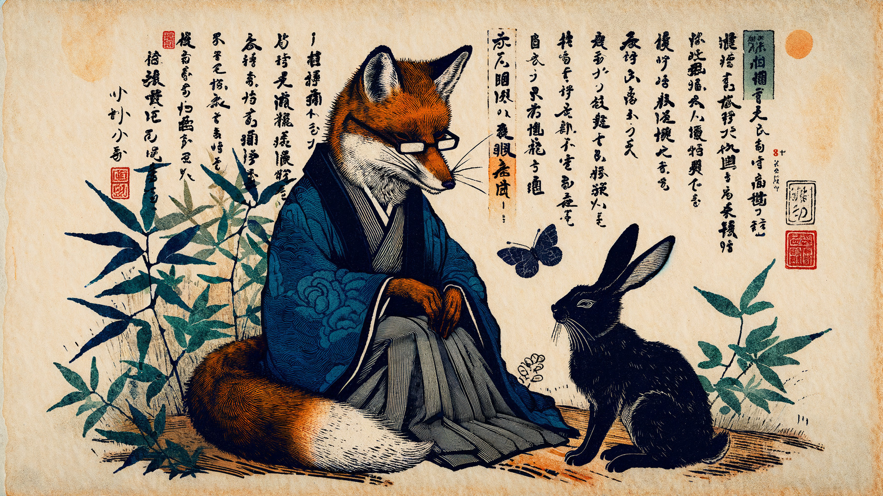 Whimsical Fox and Rabbit Scene in Japanese Art Style