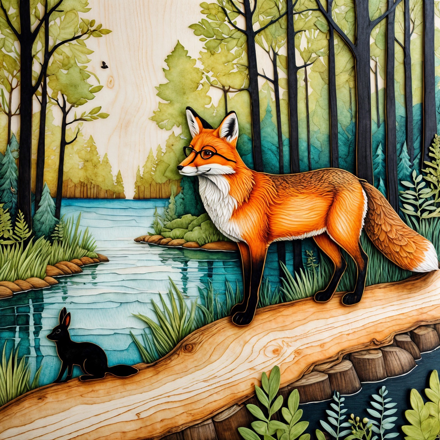 Stylized fox and rabbit in a whimsical forest scene
