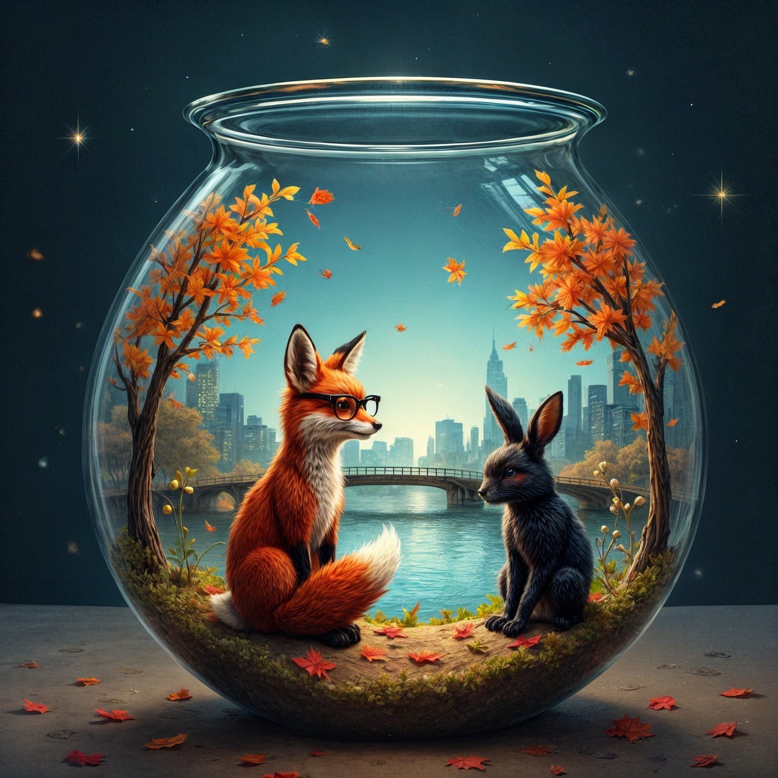 Fox and Rabbit in a Glass Fishbowl Scene