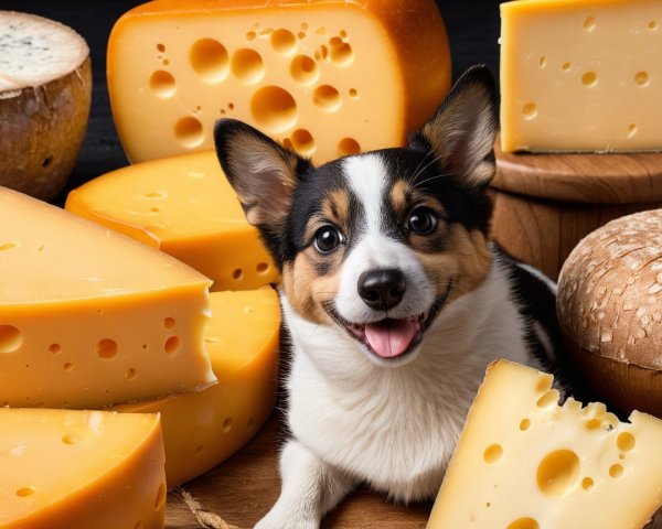 Cheerful Dog Surrounded by Assorted Cheeses