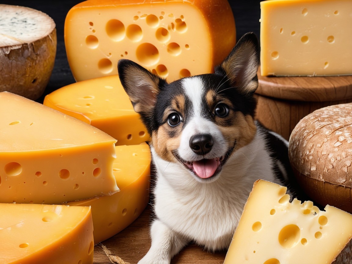 Cheerful Dog Surrounded by Assorted Cheeses