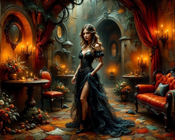 Opulent Room with Woman in Dark Gown and Candlelight