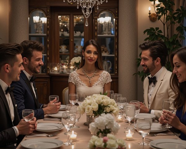 sophisticated tuxedo with a bow tie, engaged in conversation.